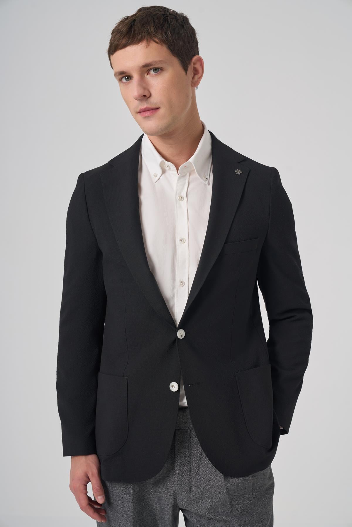 Morven Erkek Siyah Trend Slim Fit Mono Yaka Ceket