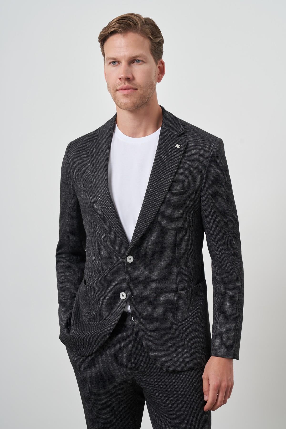 Morven Erkek Siyah Trend Slim Fit Yandan Lastikli Mono Yaka Takım Elbise
