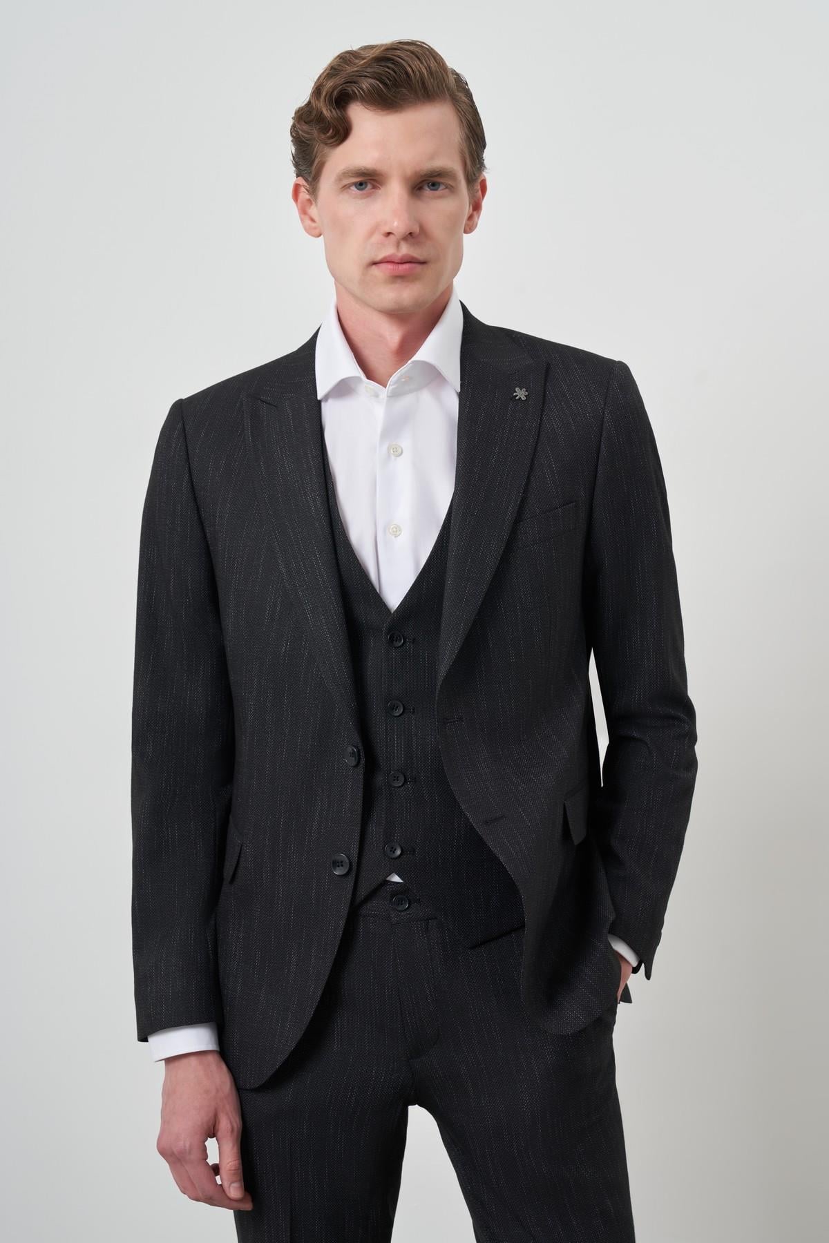 Morven Erkek Siyah Trend Yelekli Slim Fit  Sivri Yaka Takım Elbise