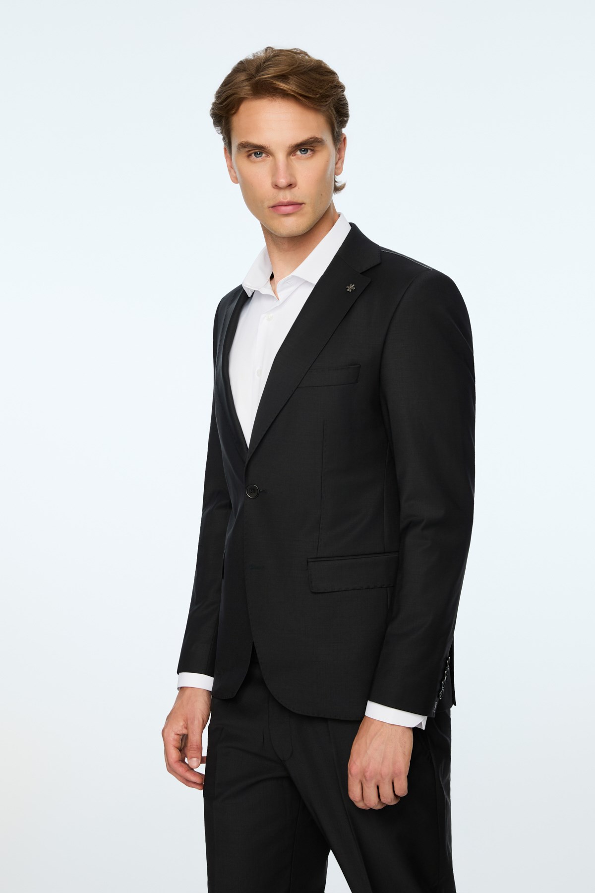 Morven Erkek Siyah Yün Platinium Düz Slim Fit Mono Yaka Takım Elbise