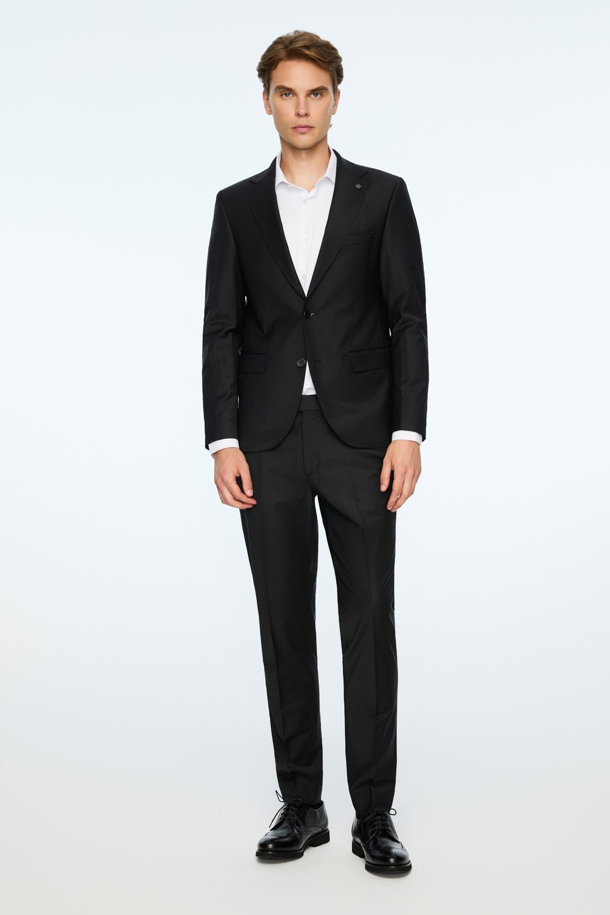 Morven Erkek Siyah Yün Platinium Düz Slim Fit Mono Yaka Takım Elbise