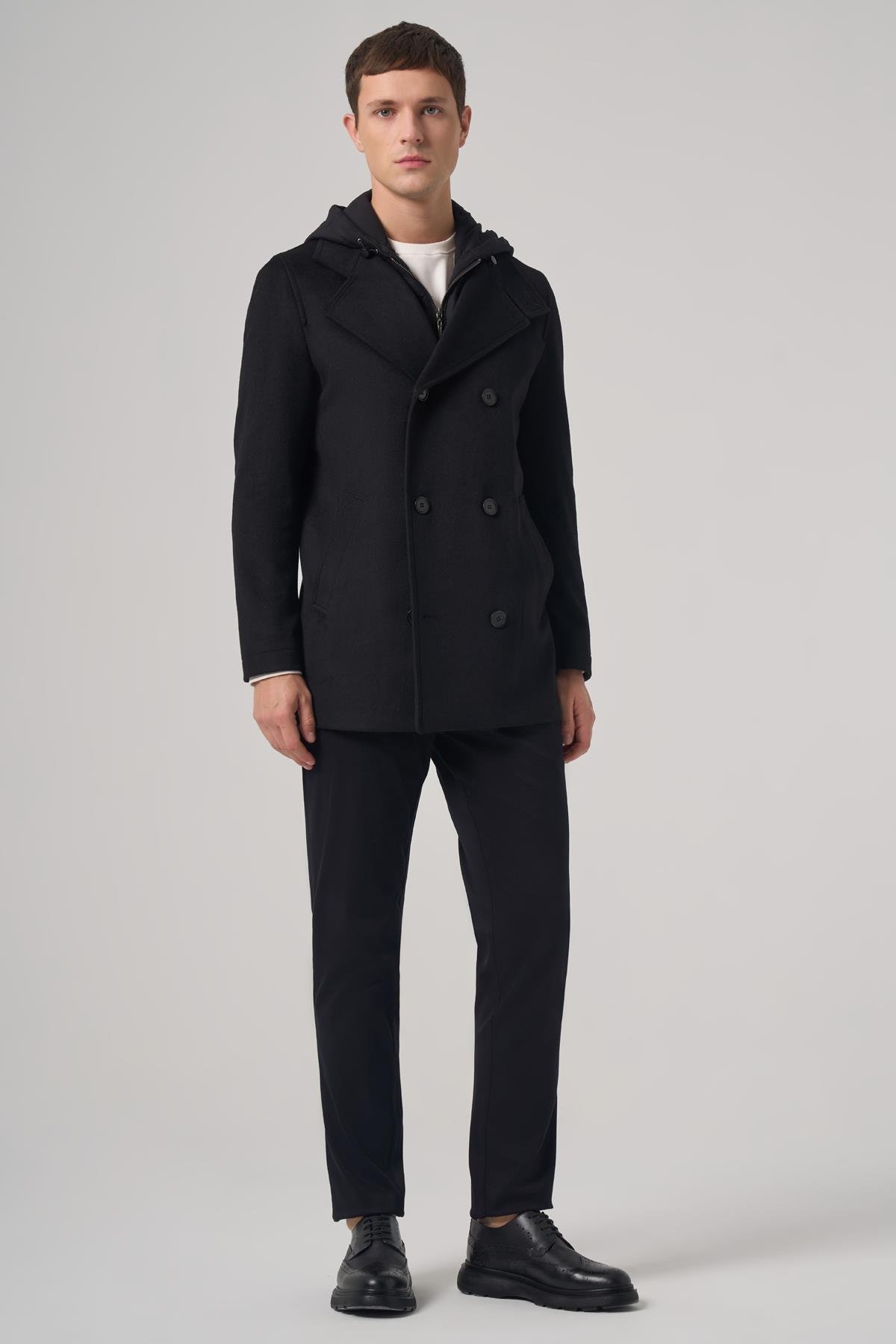 Morven Erkek Siyah Yünlü Çıkma Yaka Kapüşonlu Dynamic Fit Kaban