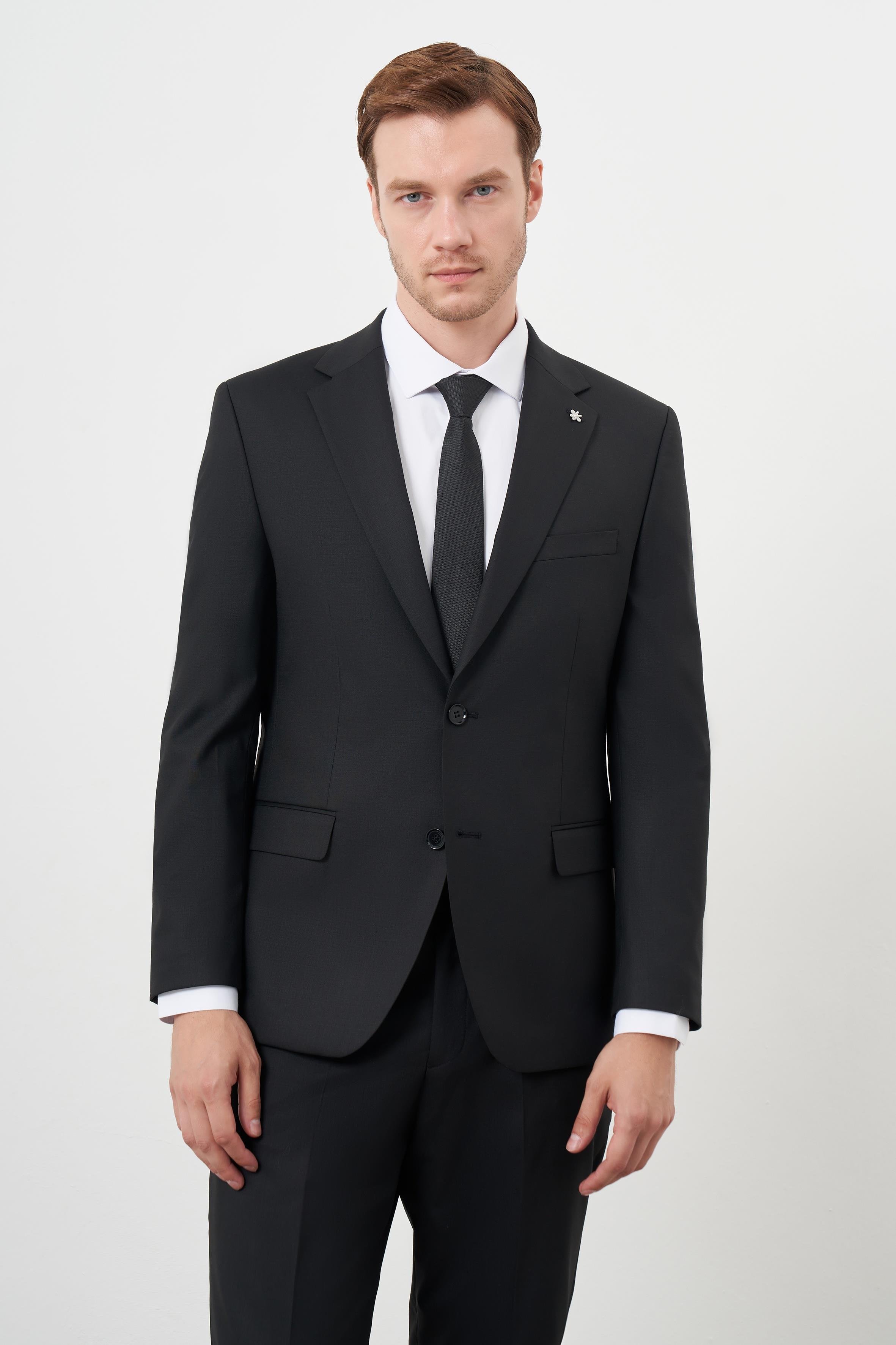 Morven Erkek Siyah Yünlü Platinium Düz Desen Dynamic Fit Mono Yaka Takım Elbise