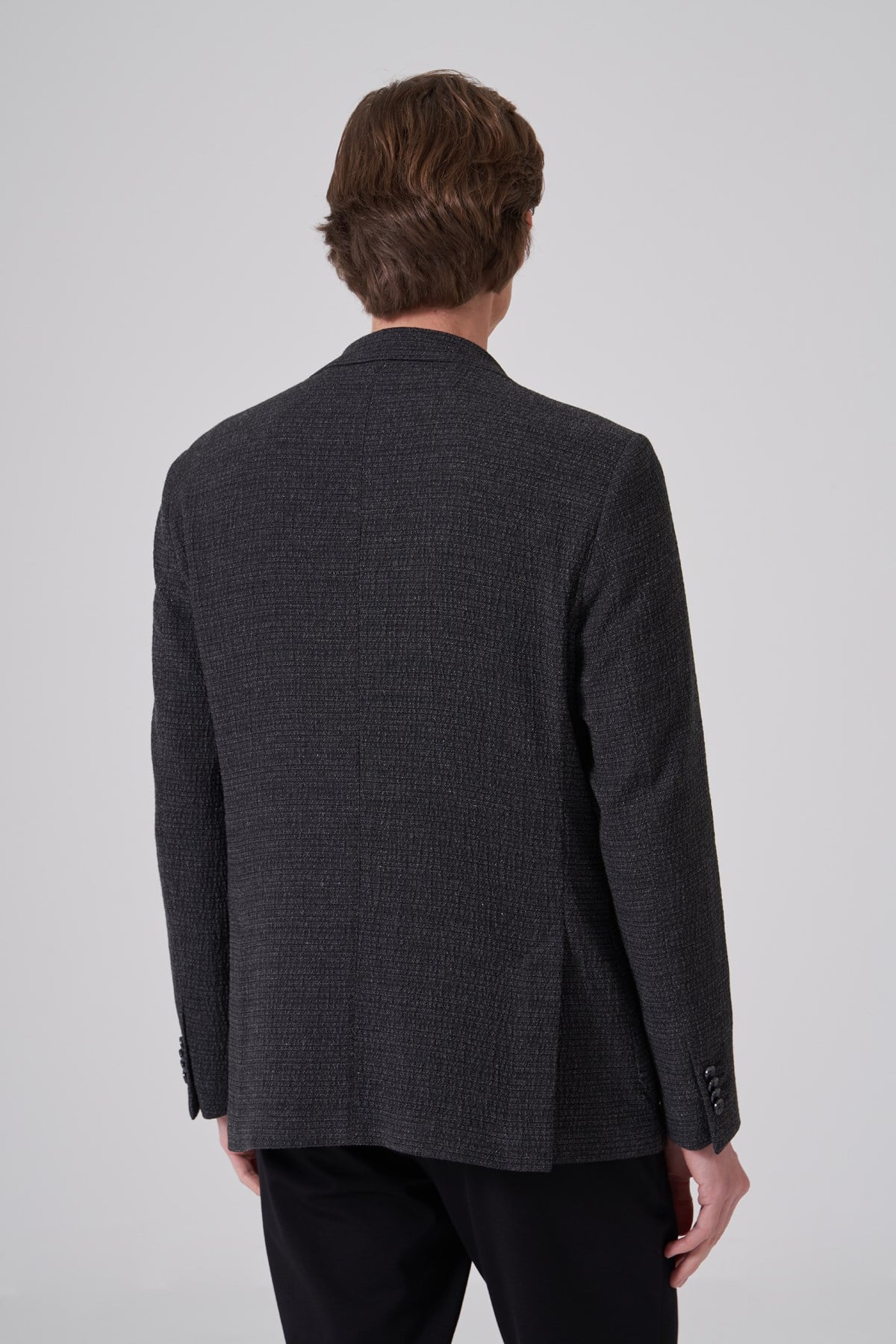 Morven Erkek Siyah Yünlü Trend Desenli Slim Fit Mono Yaka Ceket