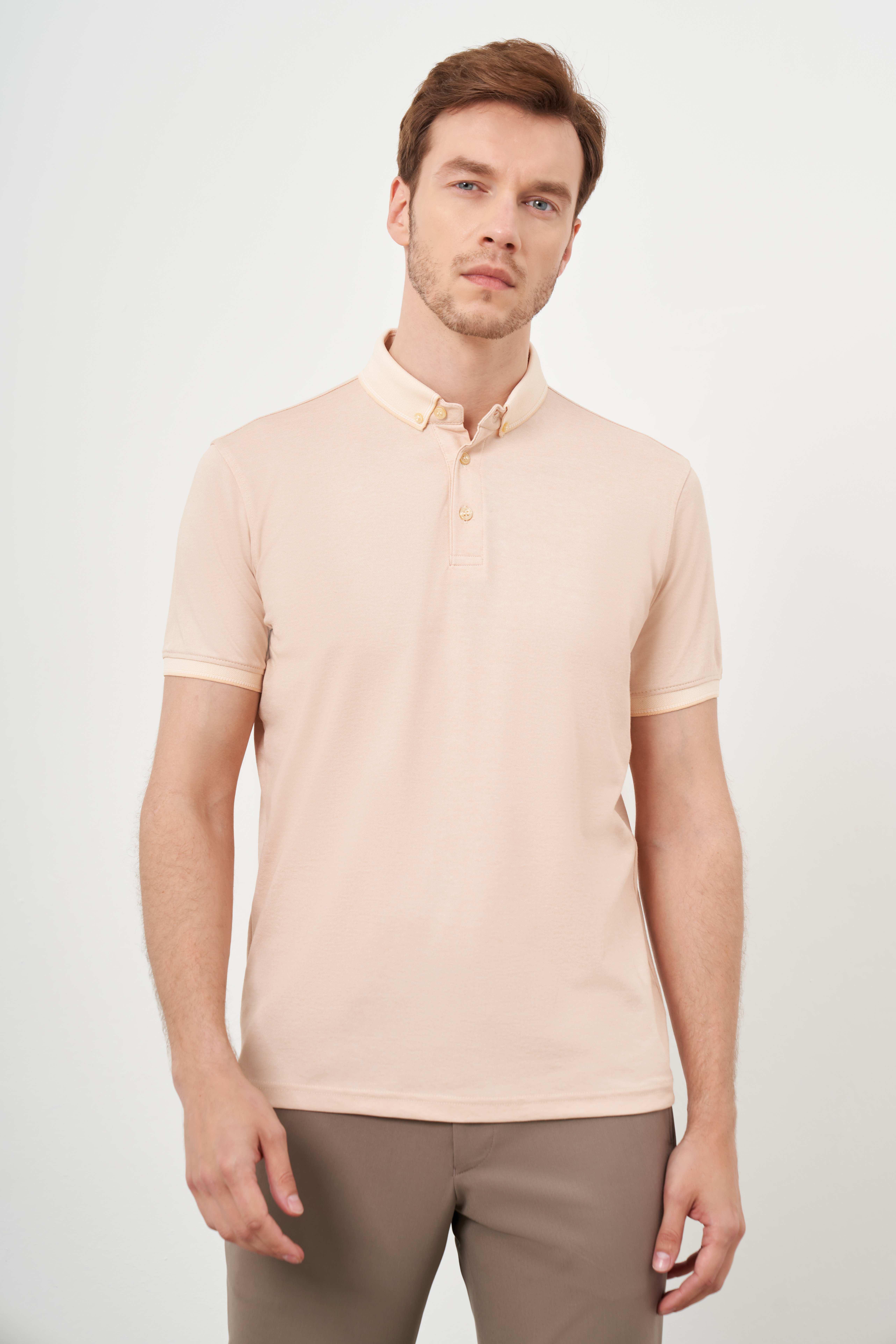 Morven Erkek Somon Trend Merserize Düz Düğmeli Yaka Dynamic Fit T-Shirt