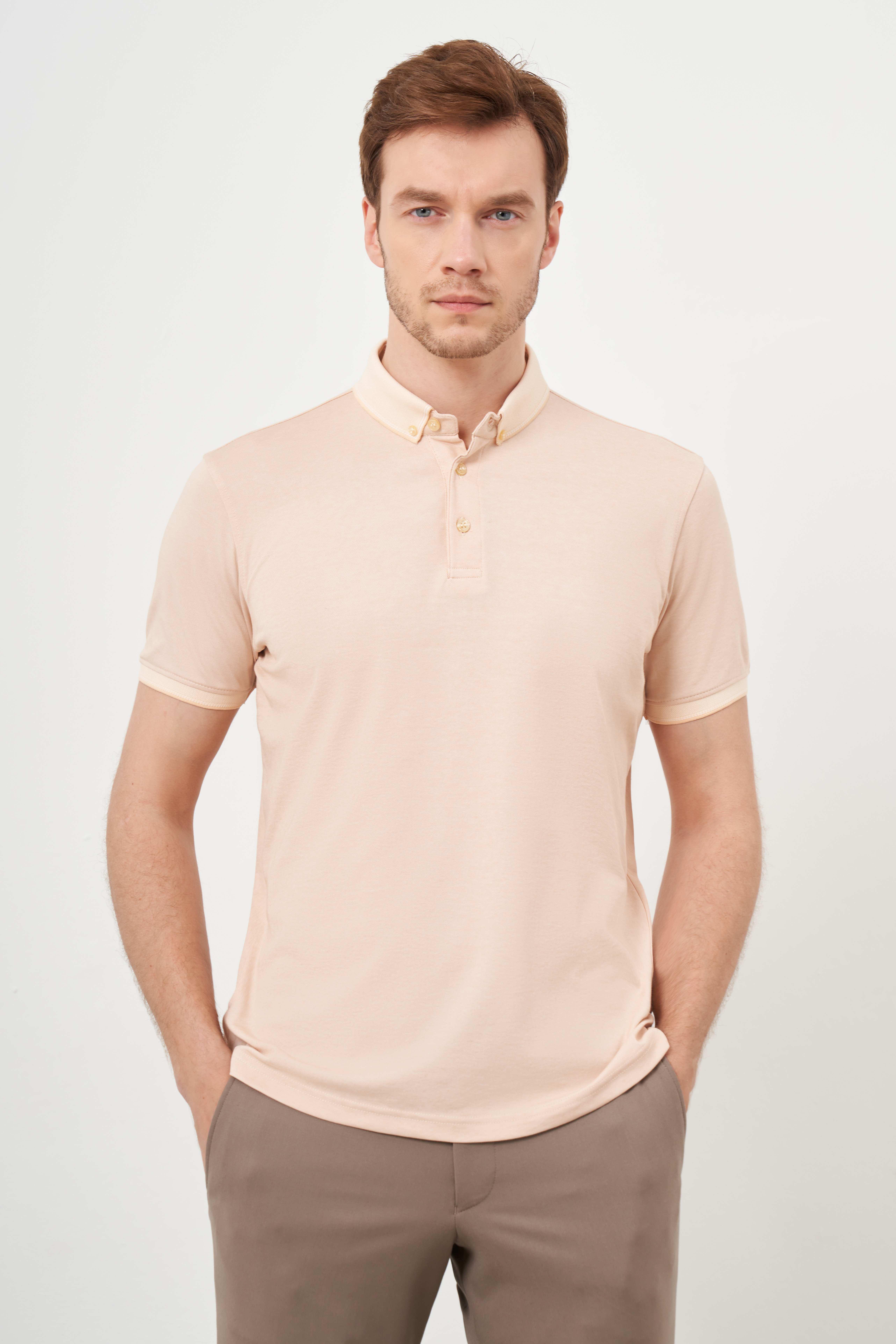 Morven Erkek Somon Trend Merserize Düz Düğmeli Yaka Dynamic Fit T-Shirt