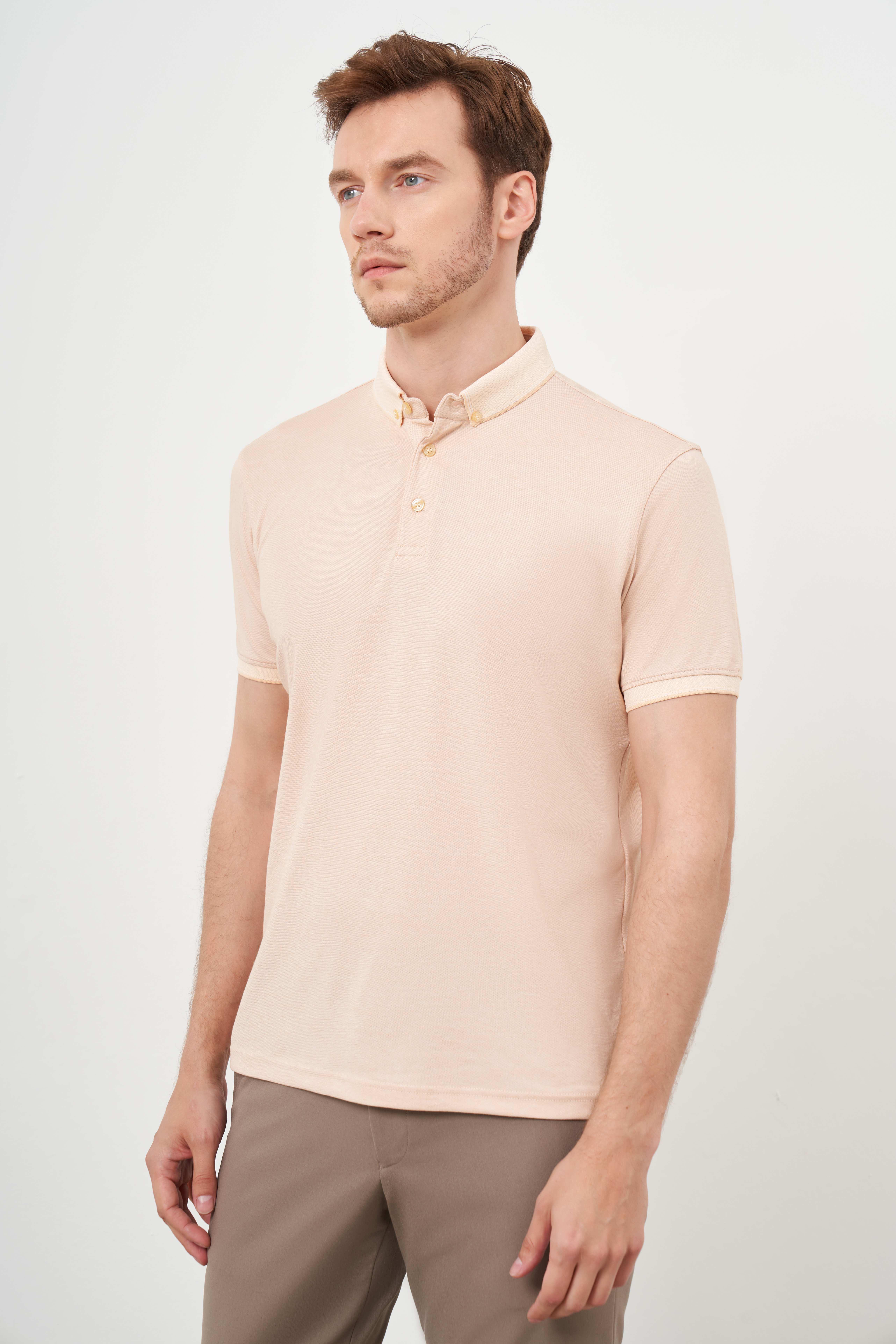 Morven Erkek Somon Trend Merserize Düz Düğmeli Yaka Dynamic Fit T-Shirt