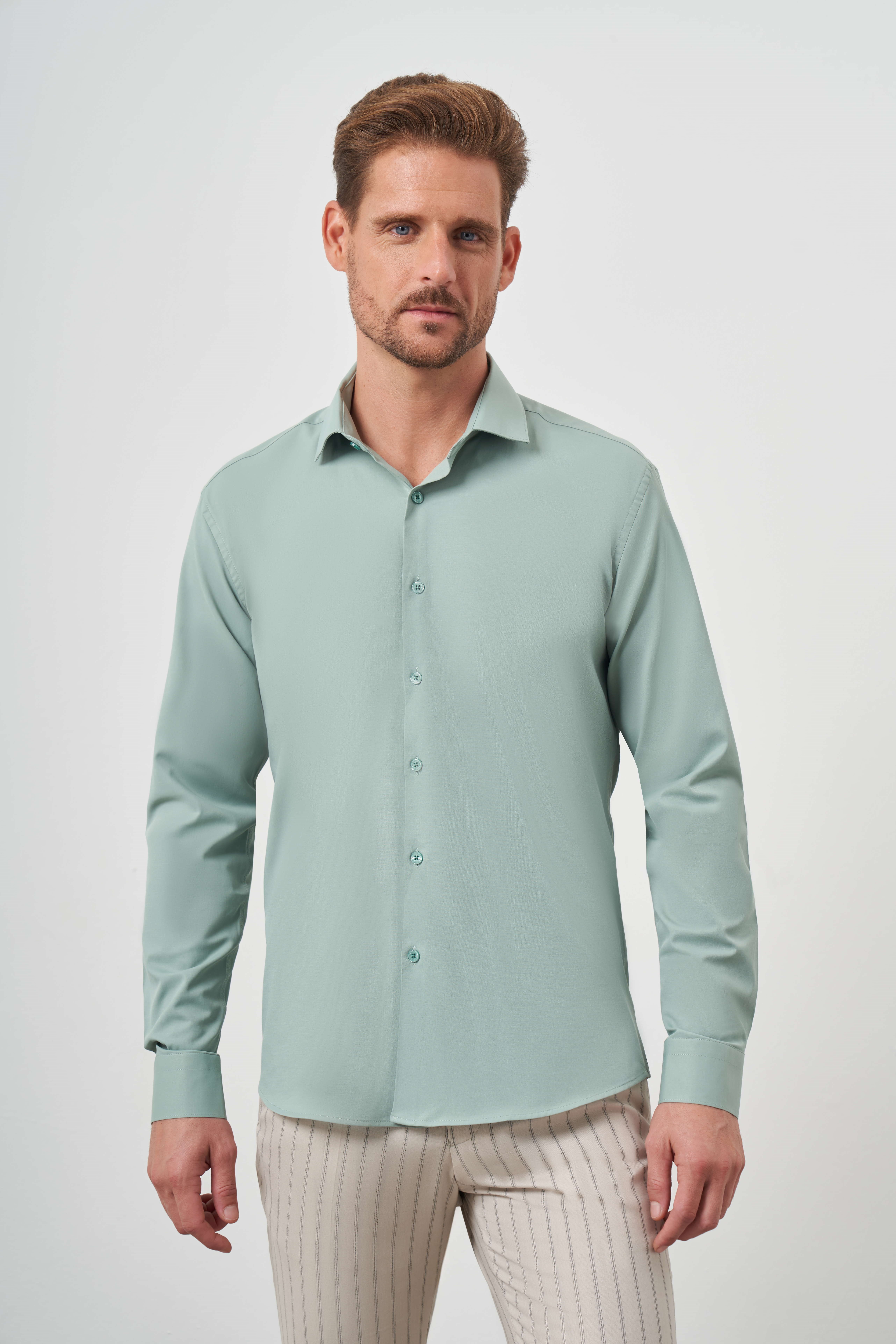Morven Erkek Su Yeşili Basic Düz Desen İtalyan Yaka Slim Fit Gömlek