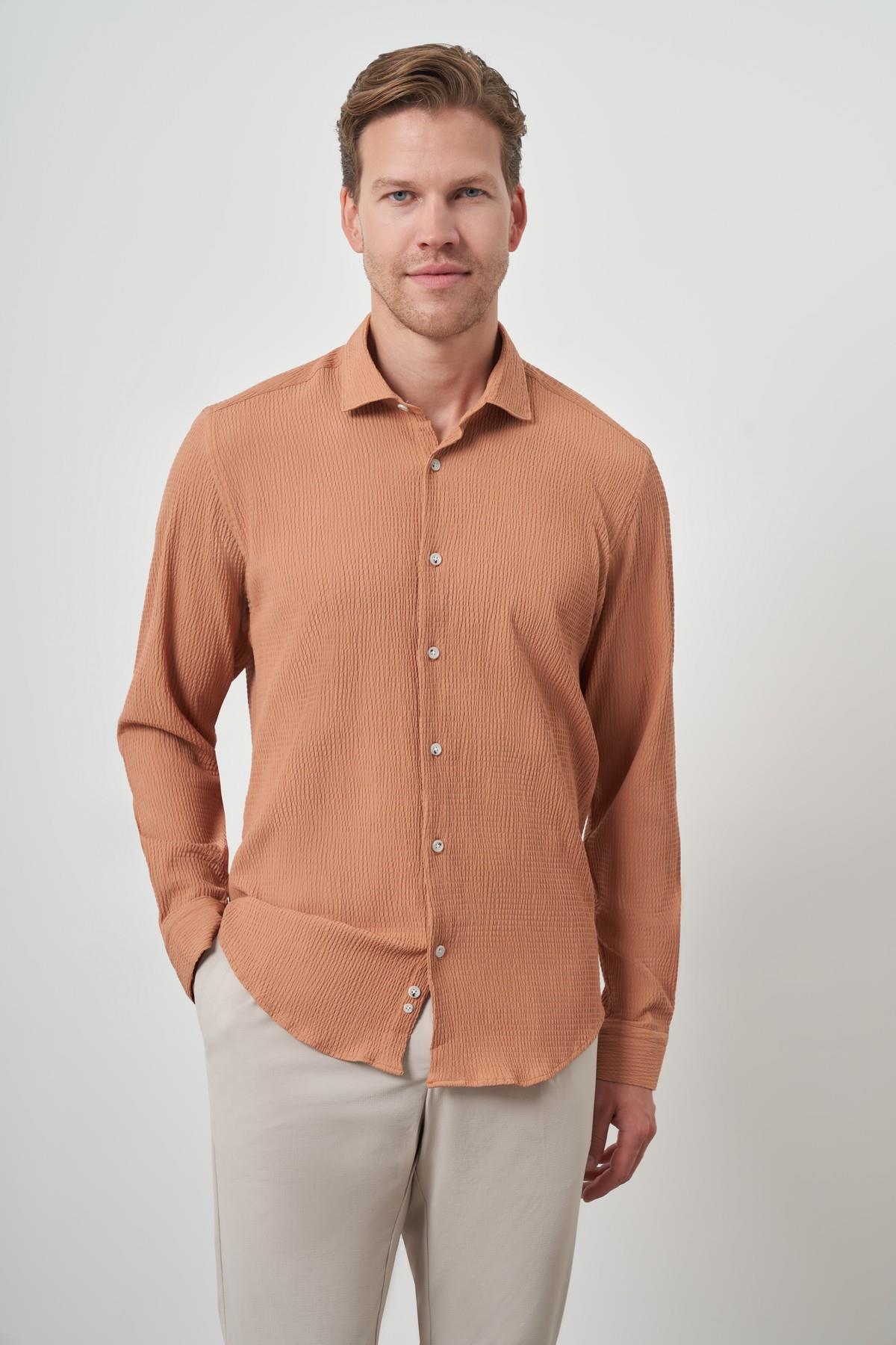 Morven Erkek Tarçın Gofre Trend Desenli Dynamic Fit İtalyan Yaka Gömlek