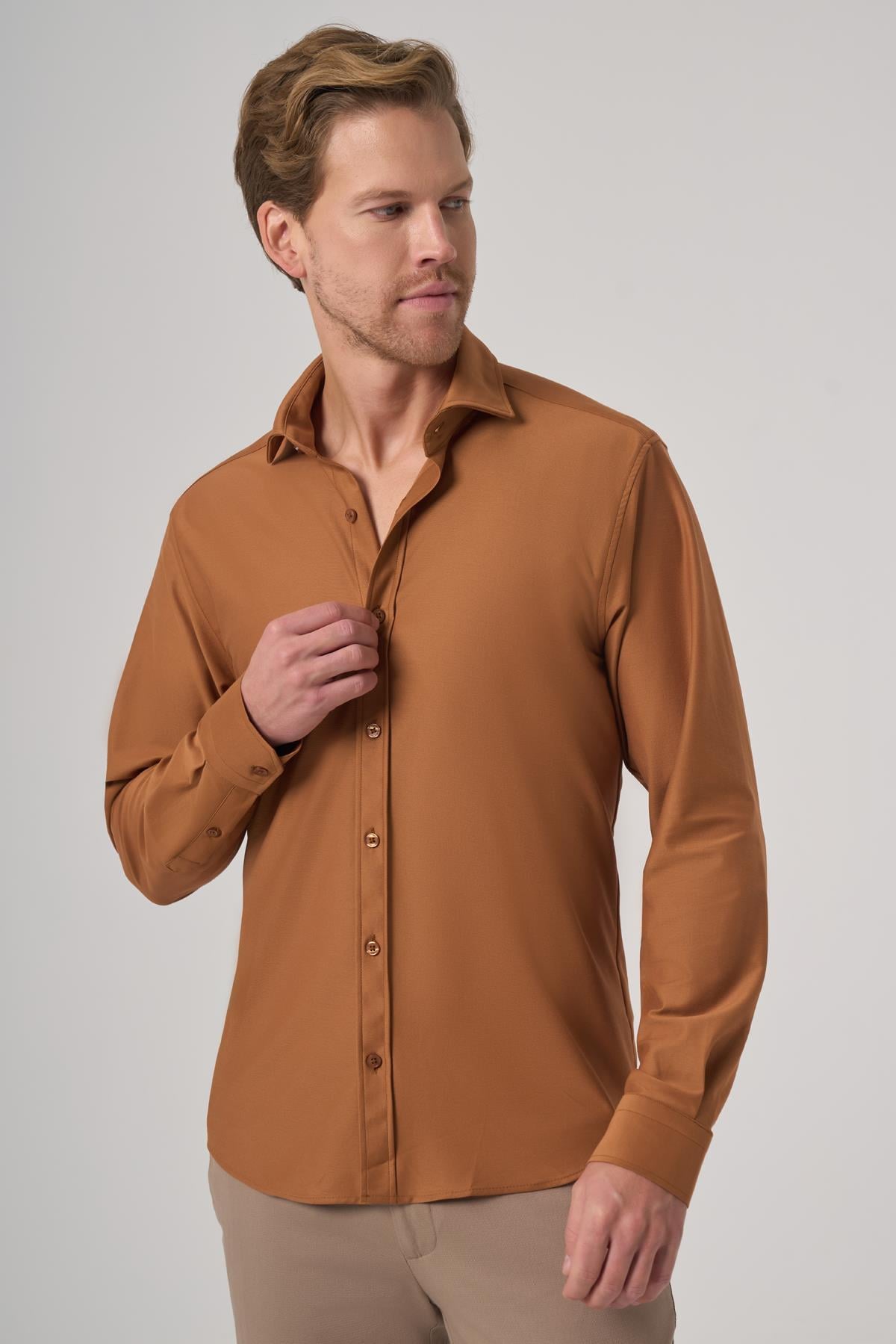 Morven Erkek Tarçın Trend Düz Slim Fit Tam İtalyan Yaka Gömlek