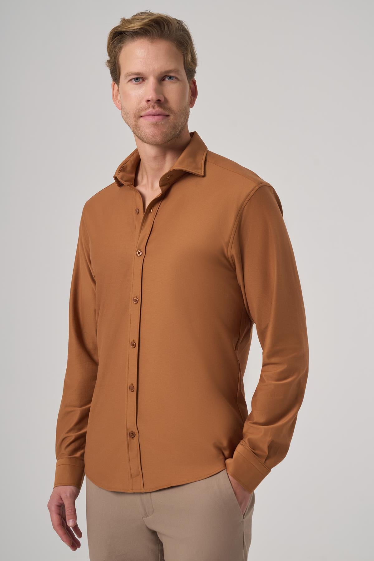 Morven Erkek Tarçın Trend Düz Slim Fit Tam İtalyan Yaka Gömlek