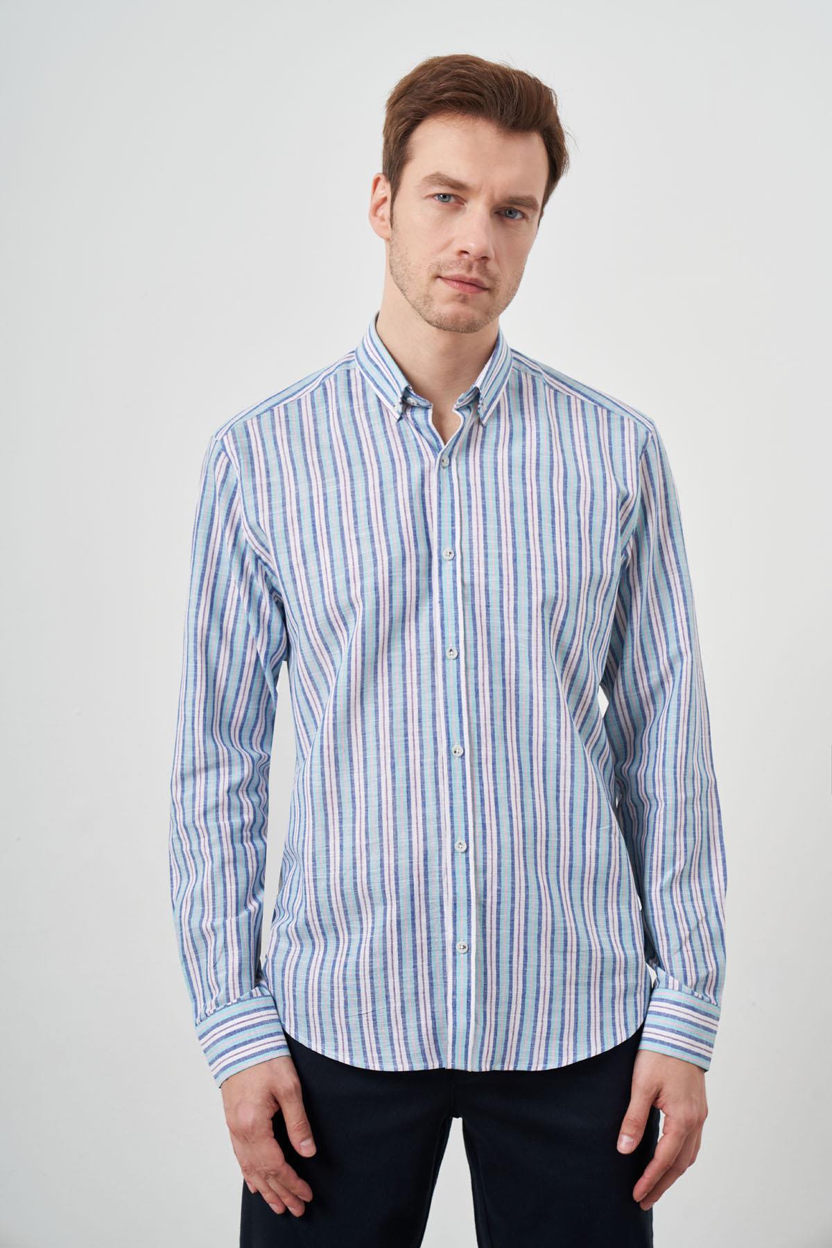 Morven Erkek Turkuaz Keten Panolu Düğmeli Yaka Regular Fit Gömlek