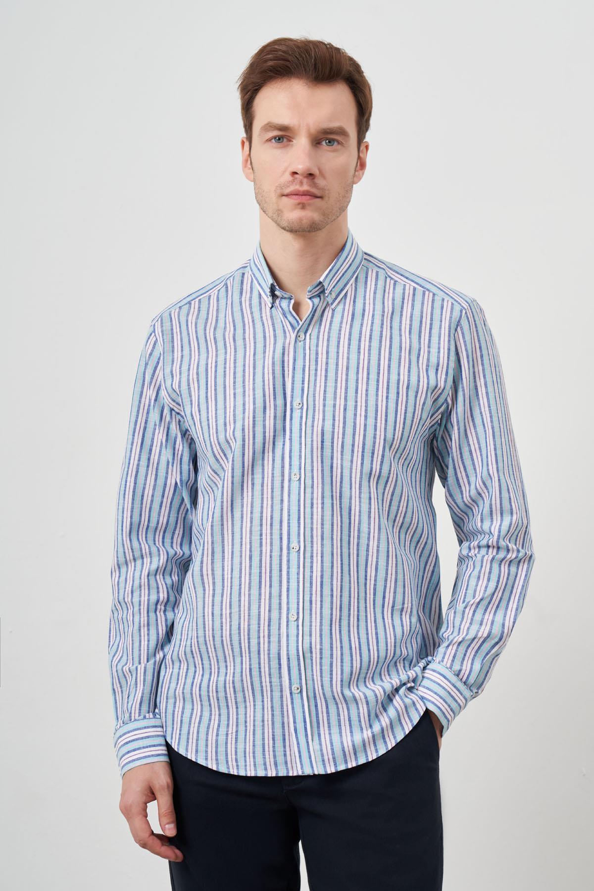 Morven Erkek Turkuaz Keten Panolu Düğmeli Yaka Regular Fit Gömlek