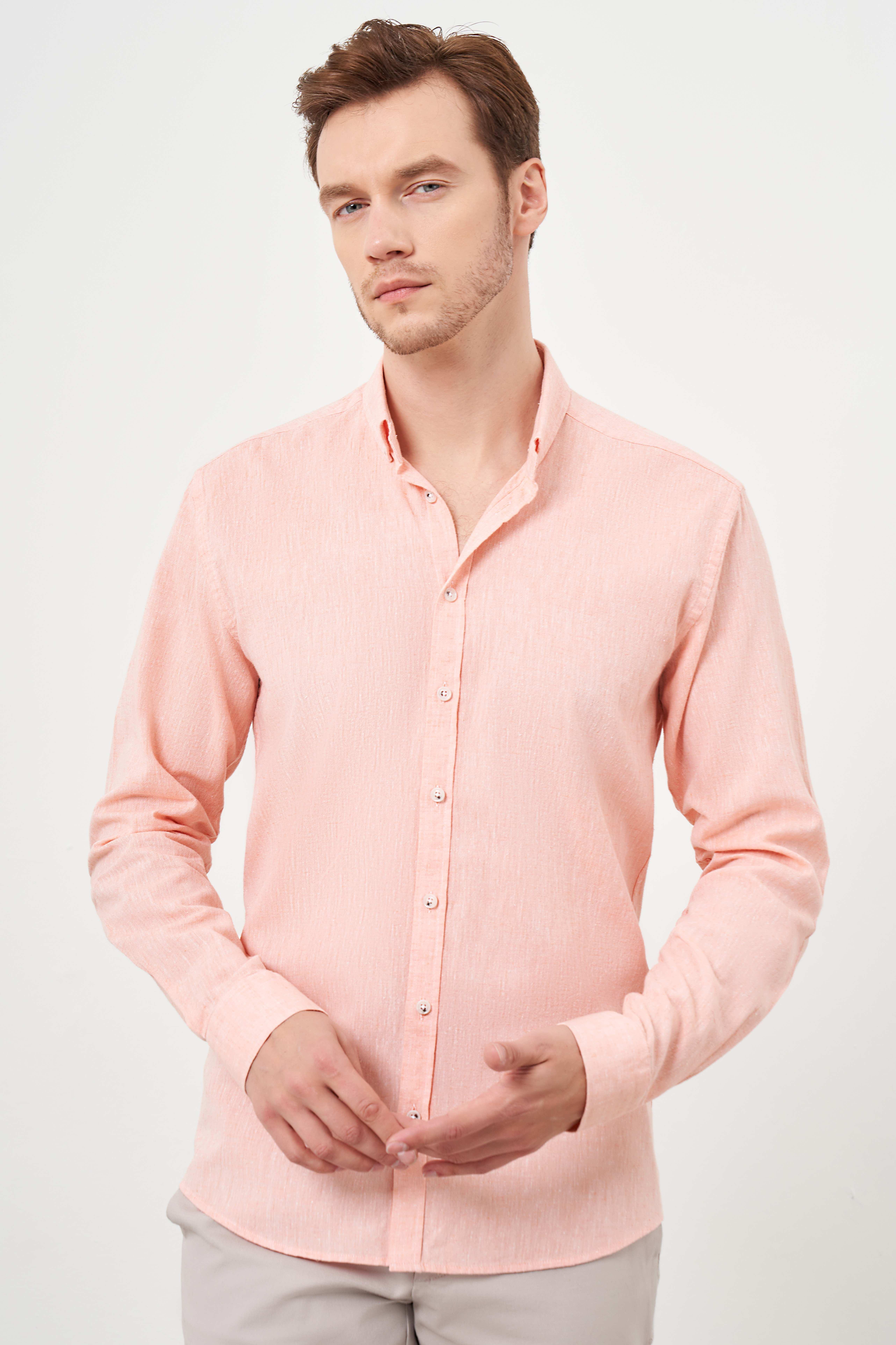 Morven Erkek Turuncu Keten Düz Desen Düğmeli Yaka Slim Fit Gömlek