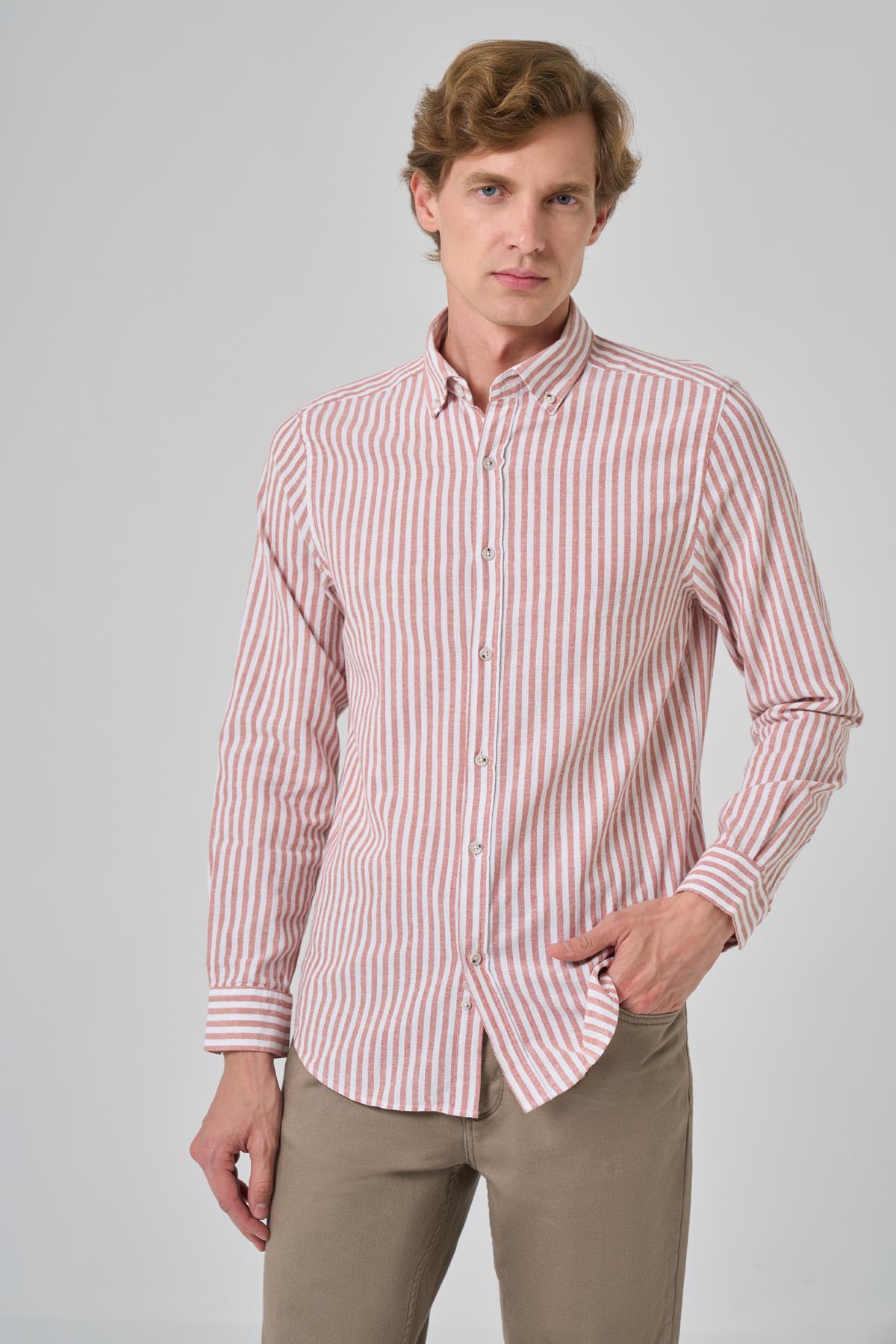 Morven Erkek Turuncu Slim Fit Düğmeli Yaka Gömlek
