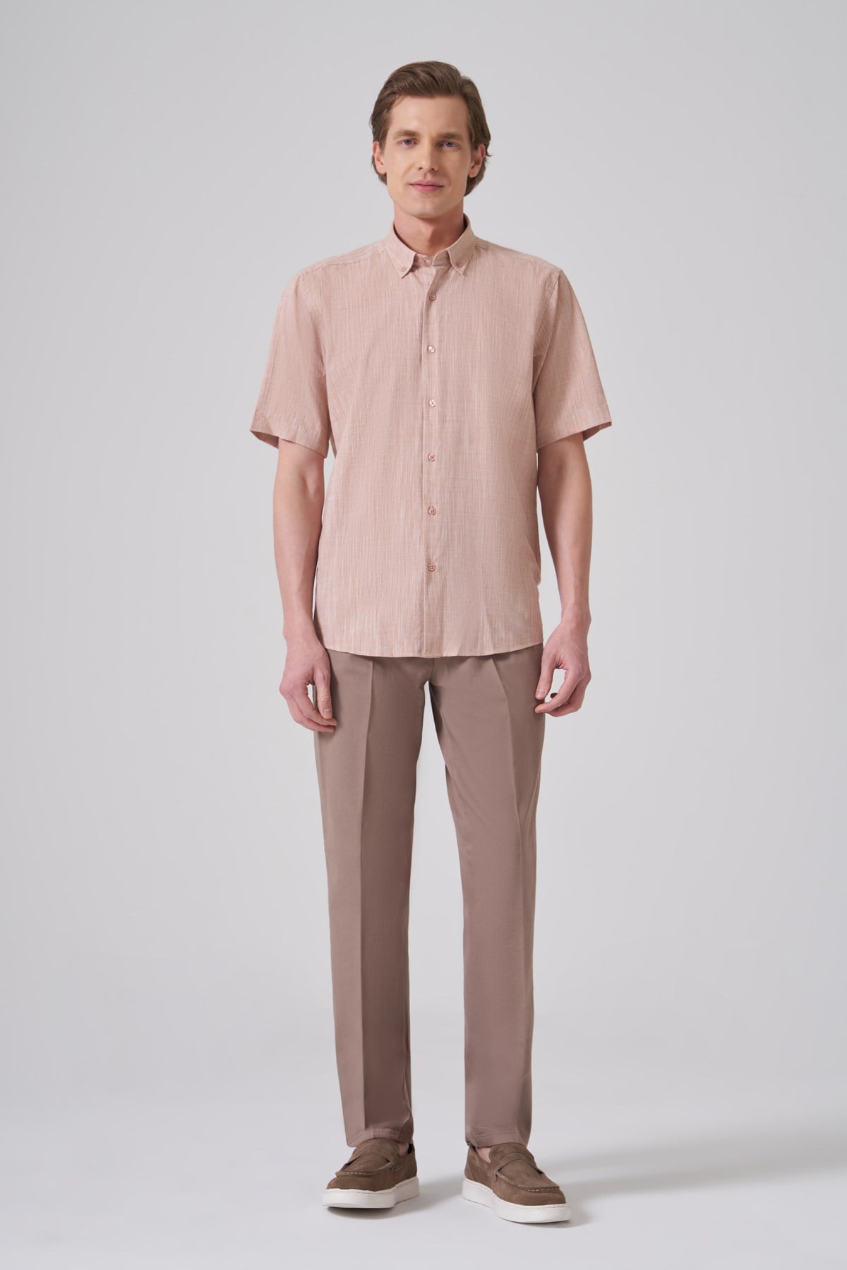 Morven Erkek Tütün Trend Regular Fit Düğmeli Yaka Kısa Kol Gömlek