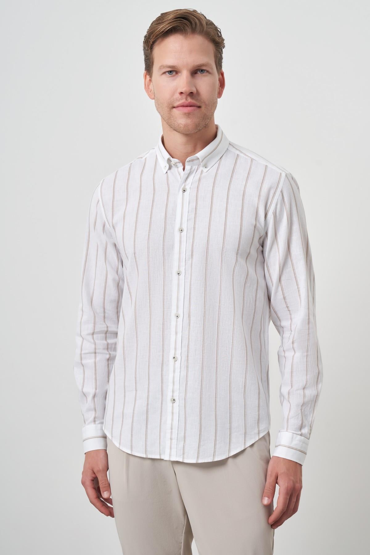 Morven Erkek Vizon Keten Dynamic Fit Düğmeli Yaka Gömlek