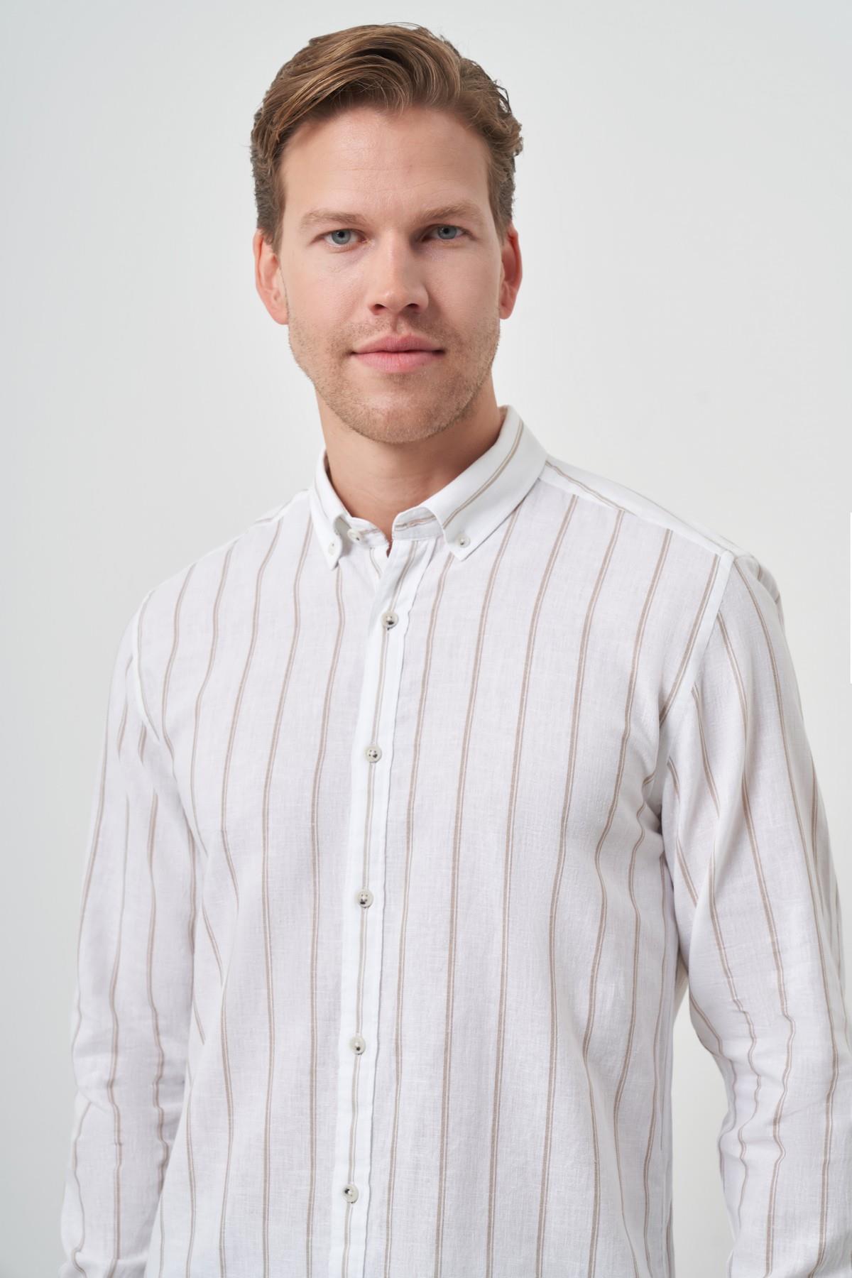 Morven Erkek Vizon Keten Dynamic Fit Düğmeli Yaka Gömlek