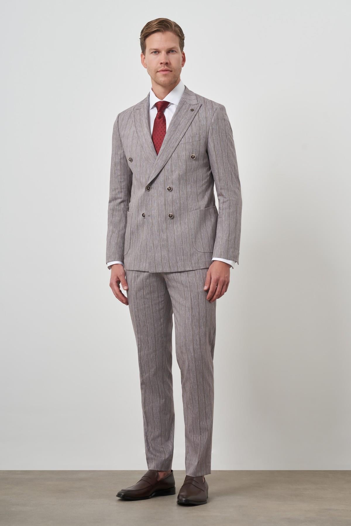 Morven Erkek Vizon Tend Keten Kruvaze Slim  Fit Sivri Yaka Takım Elbise