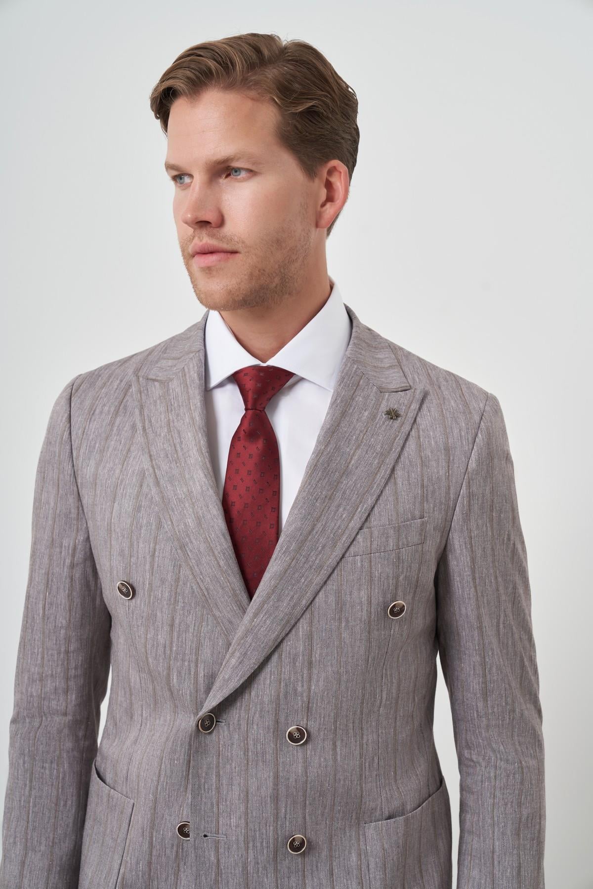 Morven Erkek Vizon Tend Keten Kruvaze Slim  Fit Sivri Yaka Takım Elbise