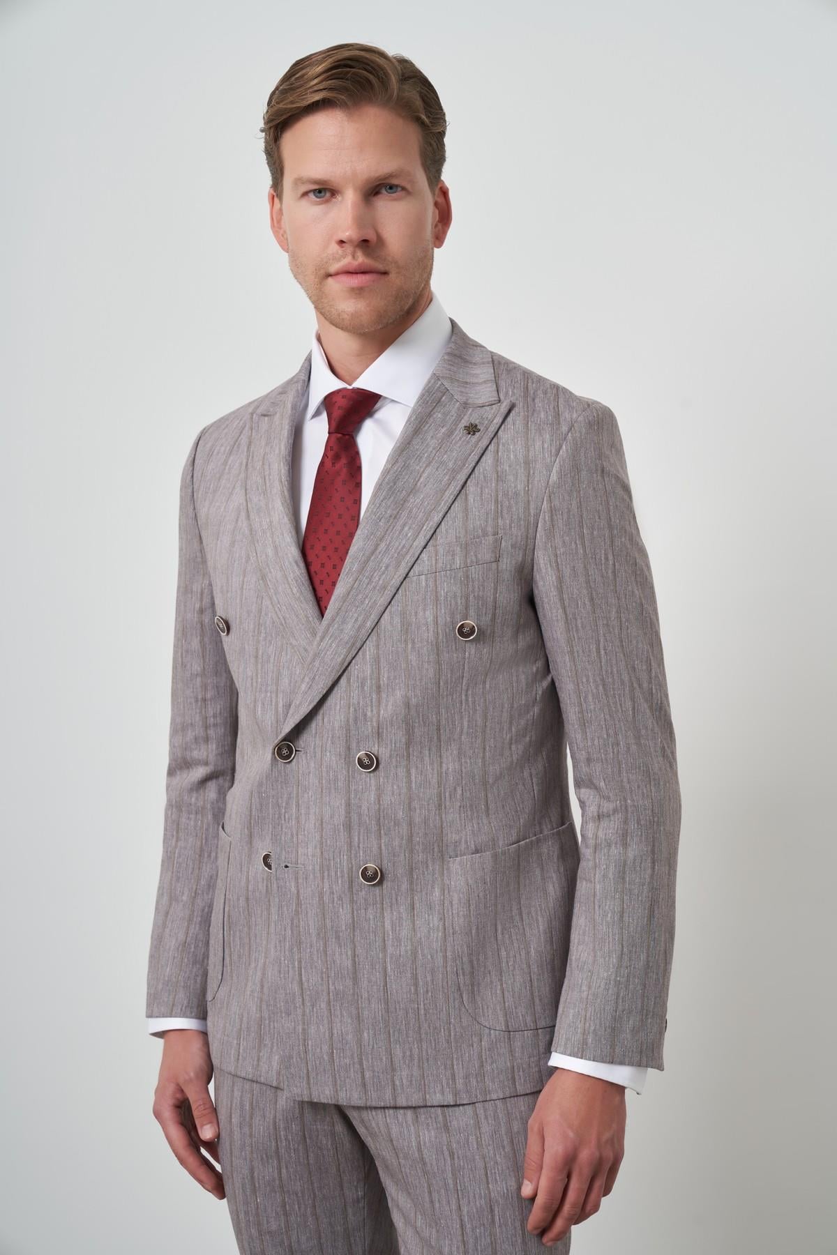 Morven Erkek Vizon Tend Keten Kruvaze Slim  Fit Sivri Yaka Takım Elbise