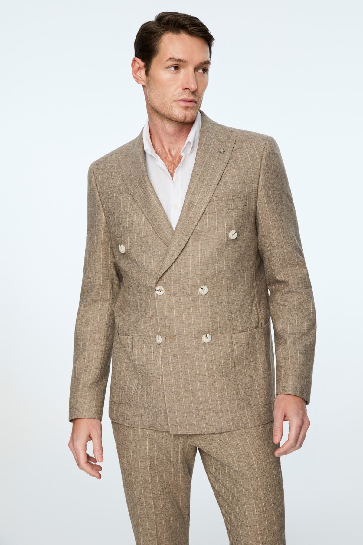 Morven Erkek Yeşil Keten Trend Çizgili Slim Fit Sivri Yaka Kruvaze Takım Elbise