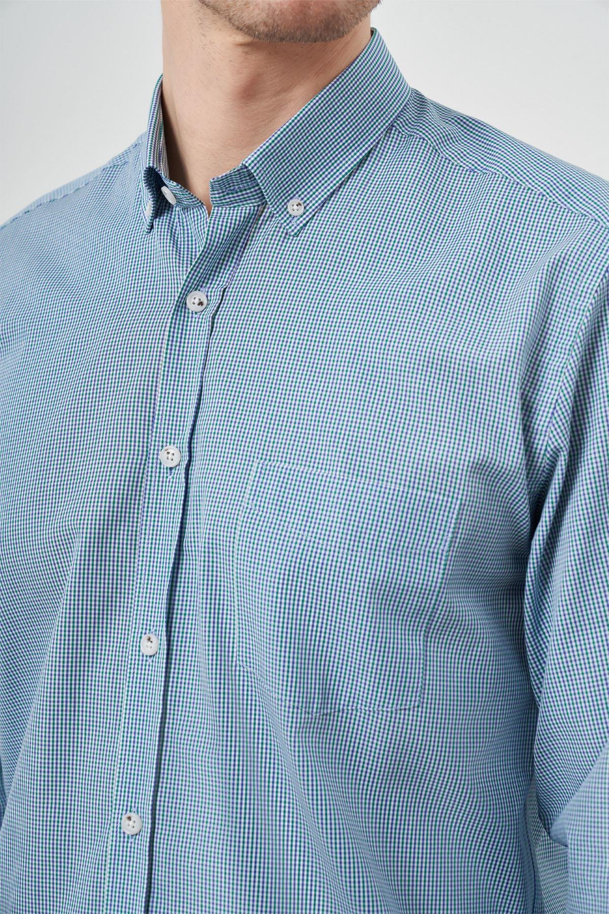 Morven Erkek Yeşil Pamuk Ekoseli Düğmeli Yaka Regular Fit Gömlek