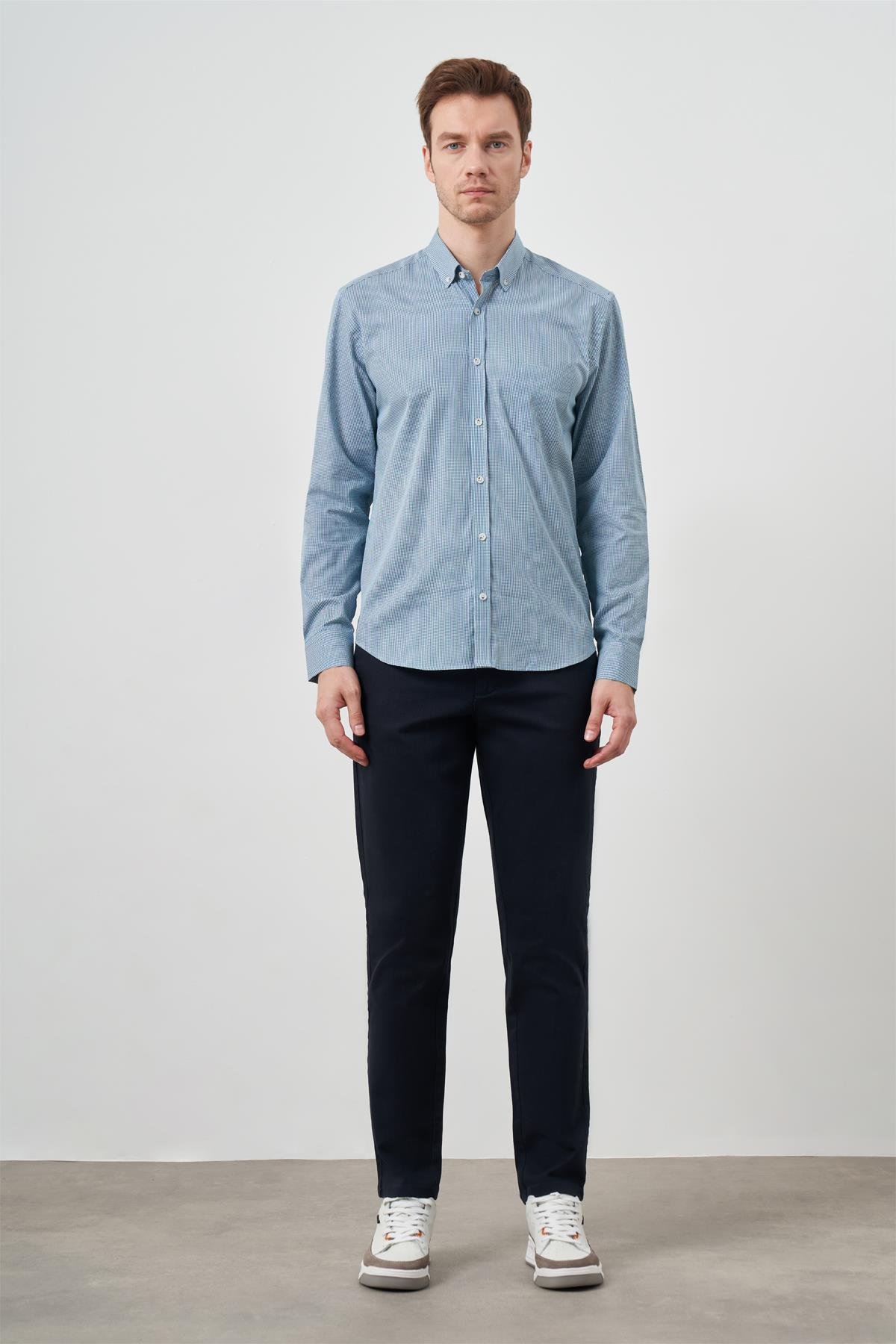 Morven Erkek Yeşil Pamuk Ekoseli Düğmeli Yaka Regular Fit Gömlek