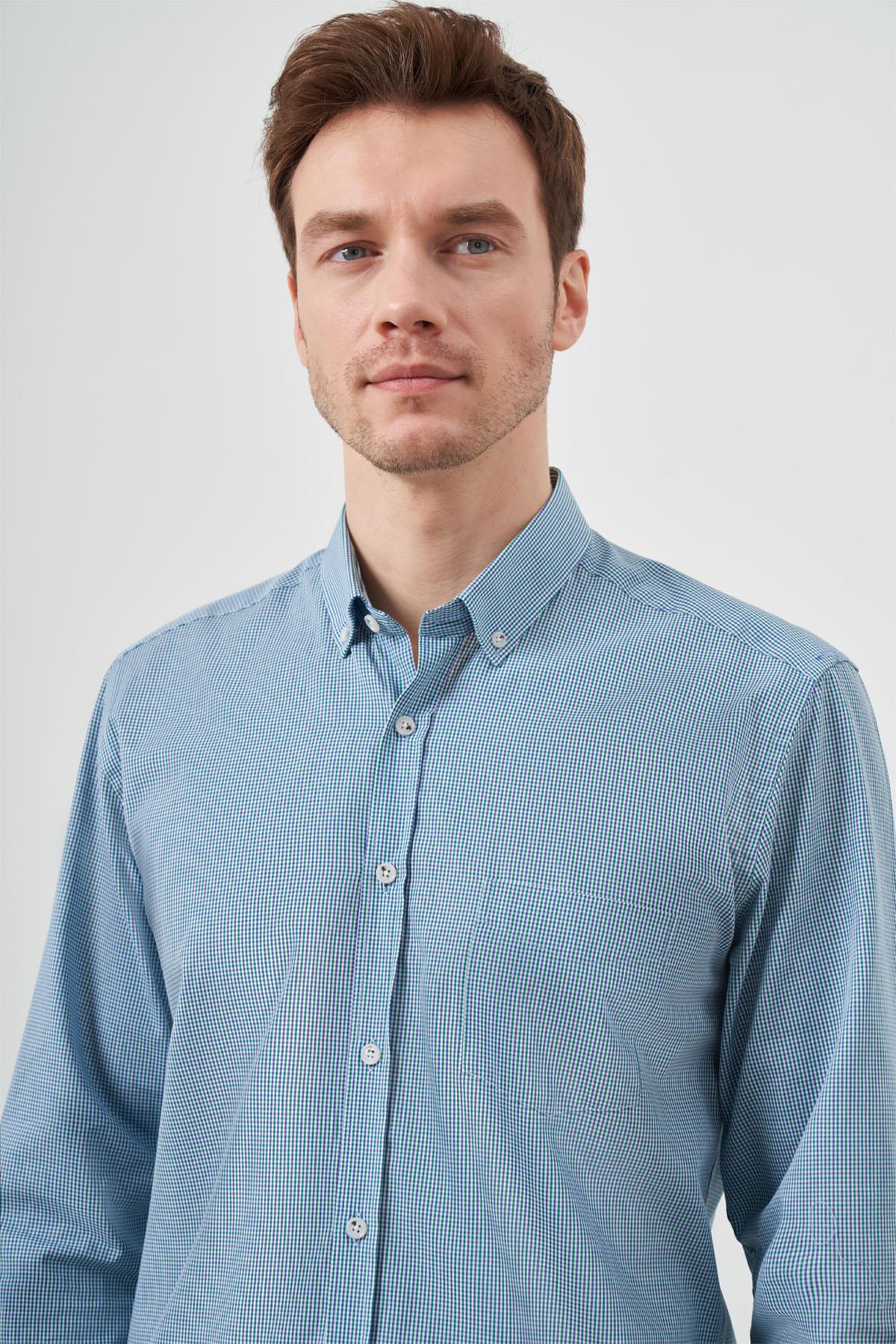 Morven Erkek Yeşil Pamuk Ekoseli Düğmeli Yaka Regular Fit Gömlek