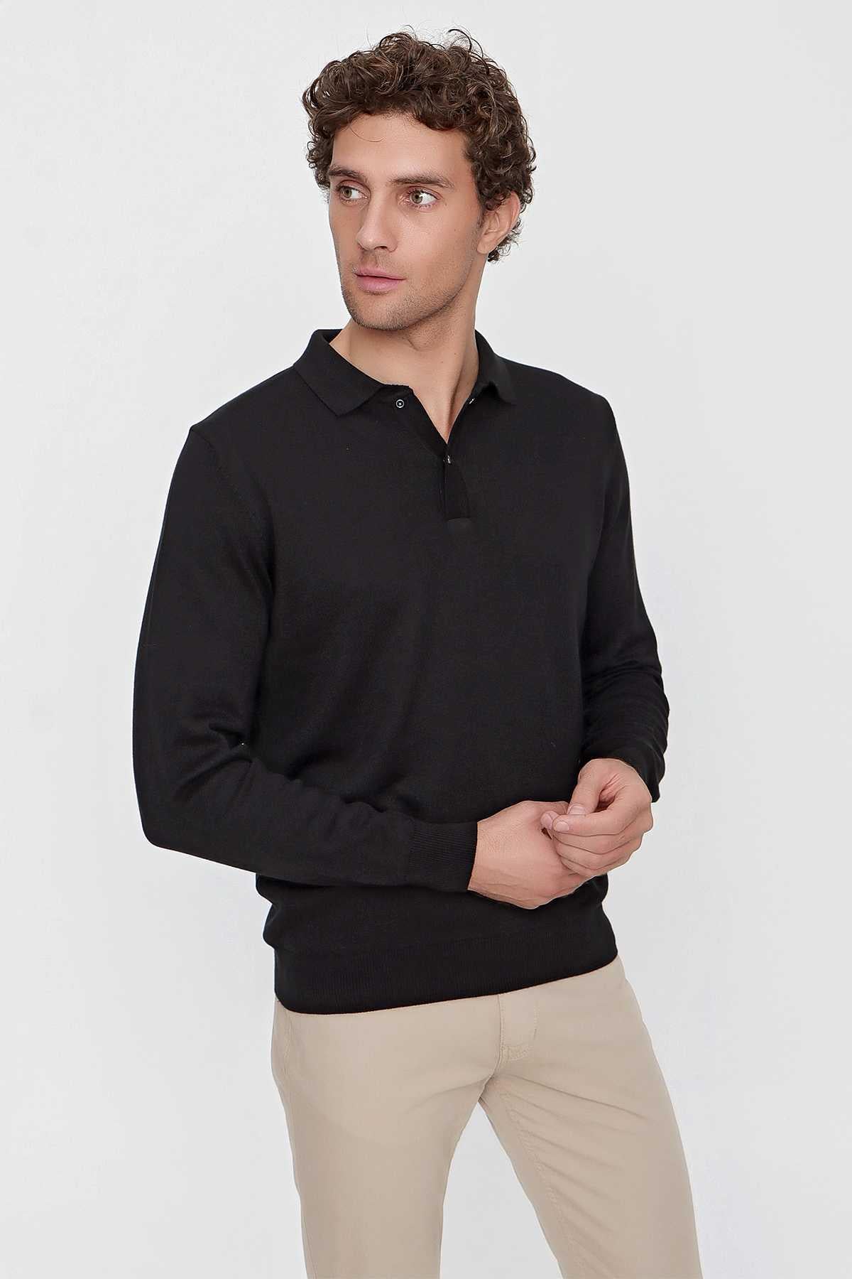 Siyah Basic Dinamik Fit Rahat Kesim Polo Yaka Triko Kazak