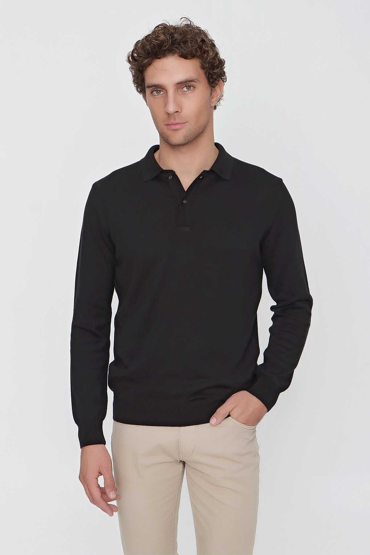 Siyah Basic Dinamik Fit Rahat Kesim Polo Yaka Triko Kazak