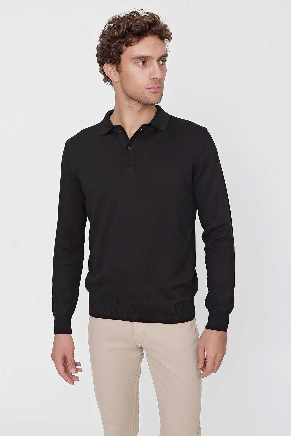 Siyah Basic Dinamik Fit Rahat Kesim Polo Yaka Triko Kazak