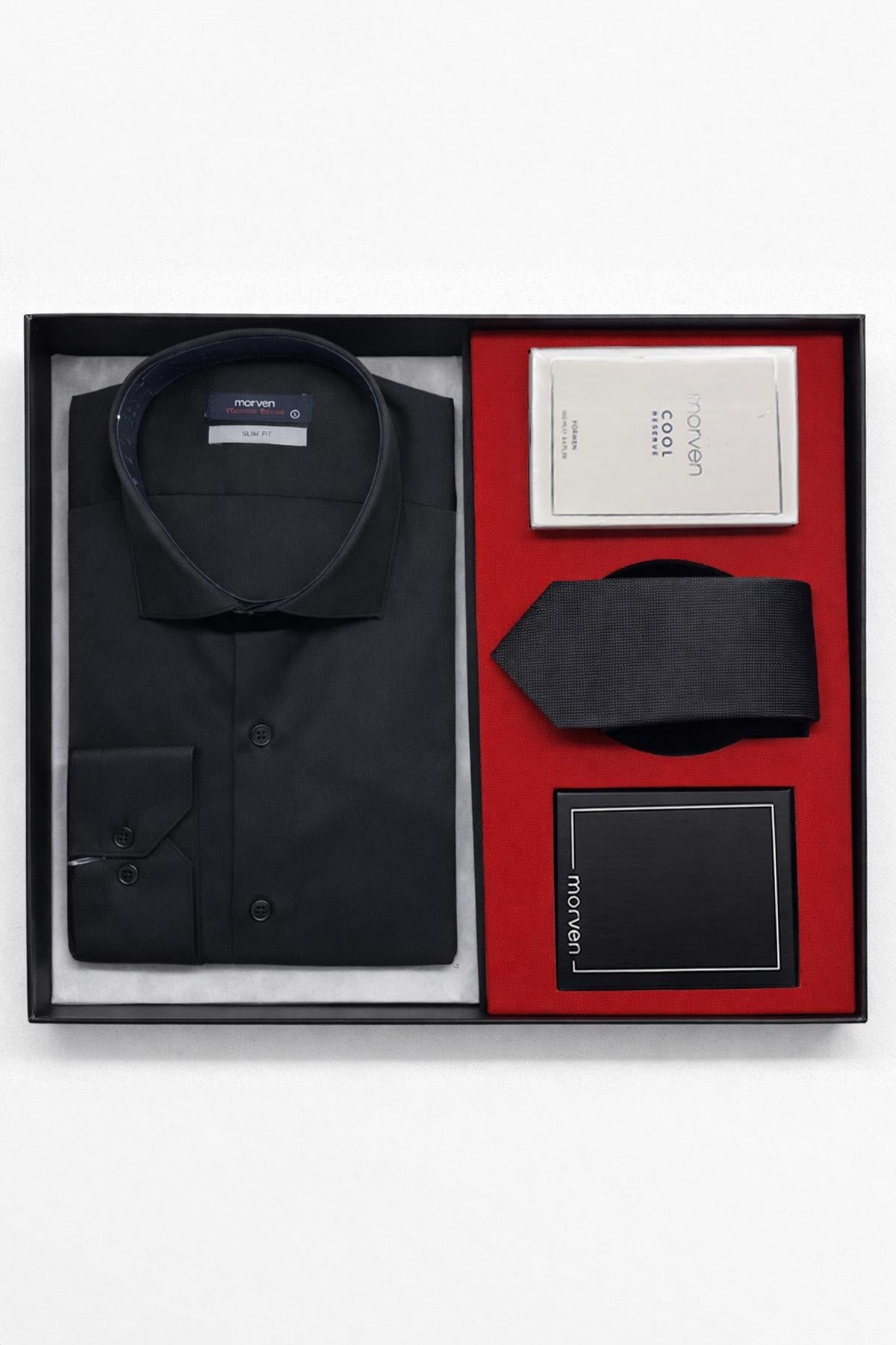 Siyah Erkek Stil Slim Fit Hediye Kutulu Gömlek, Kravat, Parfüm Ve Cüzdan Seti
