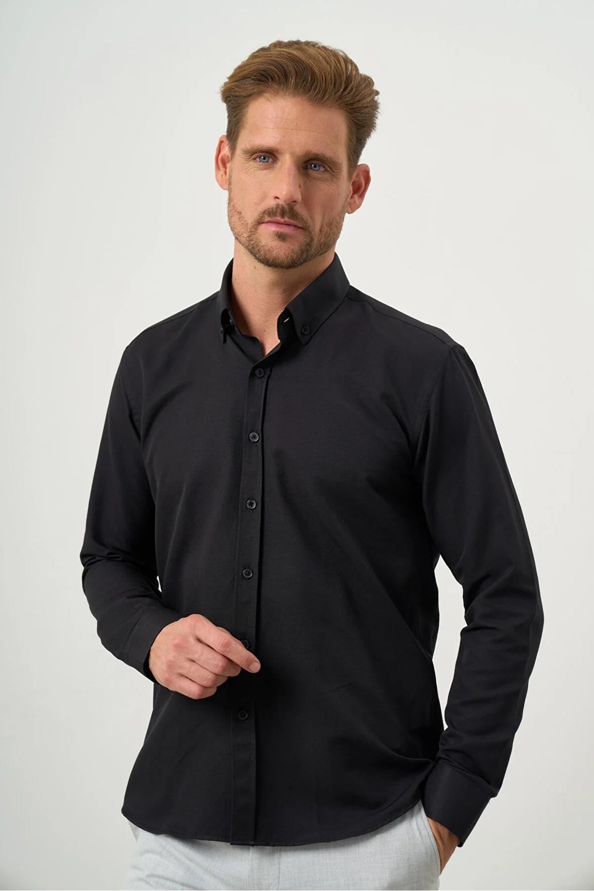 Siyah Slim Fit Düğmeli Yaka Oxford Kolay Ütülenebilir Pamuklu HEDİYE KUTULU Uzun Kollu Gömlek