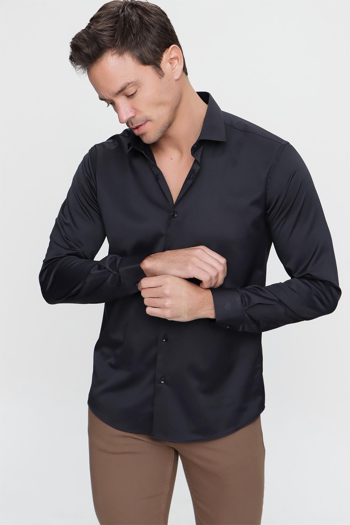 Siyah Slim Fit Düz Sert Yaka Kolay Ütülenebilen (HEDİYE KUTULU) Uzun Kollu Gömlek