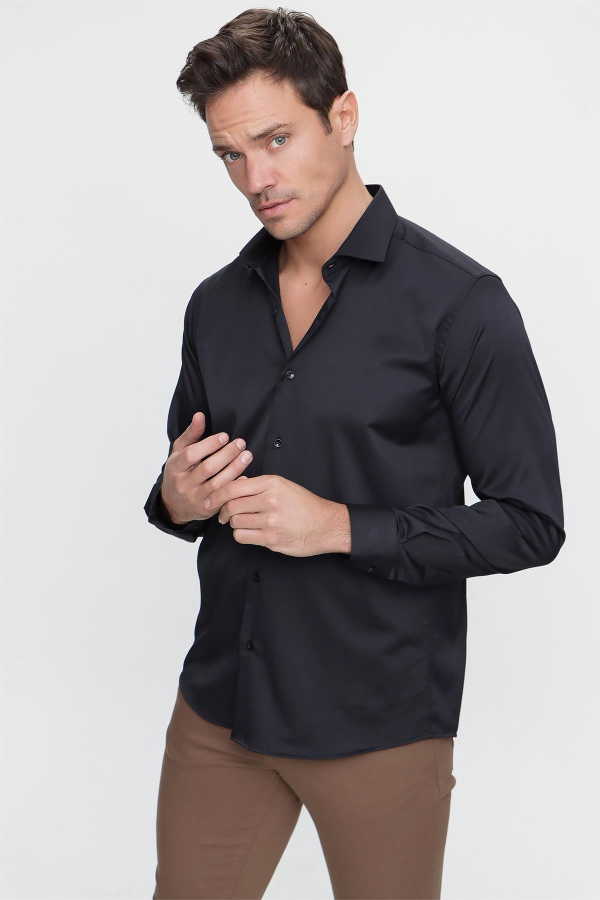 Siyah Slim Fit Düz Sert Yaka Kolay Ütülenebilen (HEDİYE KUTULU) Uzun Kollu Gömlek