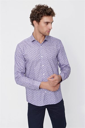 Morven Erkek Pembe Pamuk Baskılı Slim Fit Dar Kesim Gömlek