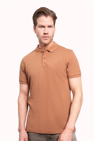 Açık Kahve Basic Düz %100 Pamuk Slim Fit Dar Kesim Kısa Kollu  Polo Yaka Erkek Tişört