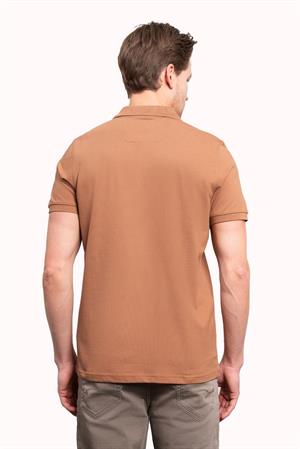 Açık Kahve Basic Düz %100 Pamuk Slim Fit Dar Kesim Kısa Kollu  Polo Yaka Erkek Tişört