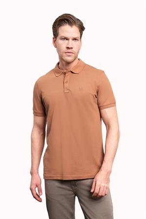 Açık Kahve Basic Düz %100 Pamuk Slim Fit Dar Kesim Kısa Kollu  Polo Yaka Erkek Tişört