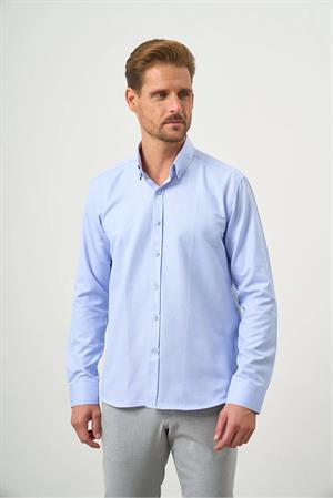 Açık Mavi Düğmeli Yaka Kolay Ütülenebilir Oxford Pamuklu Slim Fit Gömlek