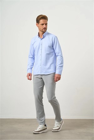 Açık Mavi Slim Fit Düğmeli Yaka Oxford Kolay Ütülenebilir Pamuklu HEDİYE KUTULU Uzun Kollu Gömlek