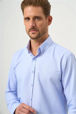 Açık Mavi Slim Fit Düğmeli Yaka Oxford Kolay Ütülenebilir Pamuklu HEDİYE KUTULU Uzun Kollu Gömlek
