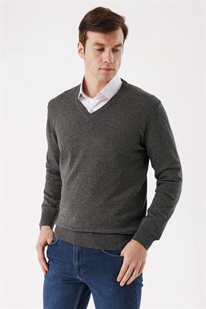 Antrasit Basic Dinamik Fit Rahat Kesim V Yaka Triko Kazak