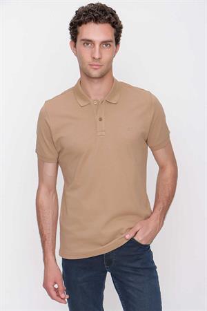 Bej Basic Düz %100 Pamuk Slim Fit Dar Kesim Kısa Kollu  Polo Yaka Erkek Tişört