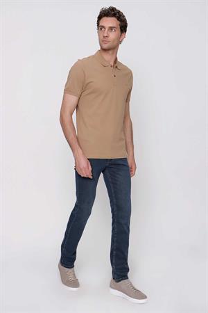 Bej Basic Düz %100 Pamuk Slim Fit Dar Kesim Kısa Kollu  Polo Yaka Erkek Tişört