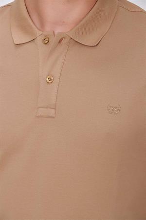 Bej Basic Düz %100 Pamuk Slim Fit Dar Kesim Kısa Kollu  Polo Yaka Erkek Tişört