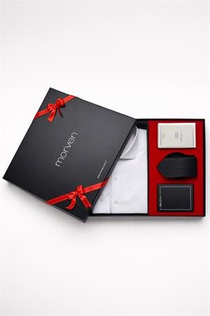 Beyaz Erkek Stil Slim Fit Hediye Kutulu Gömlek, Kravat, Parfüm Ve Cüzdan Seti