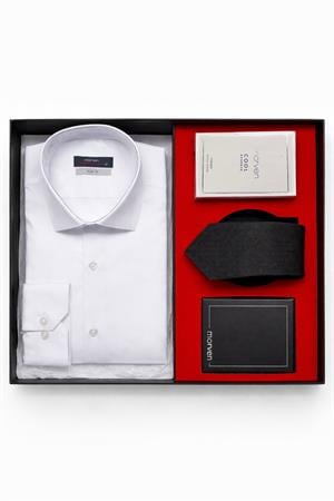 Beyaz Erkek Stil Slim Fit Hediye Kutulu Gömlek, Kravat, Parfüm Ve Cüzdan Seti