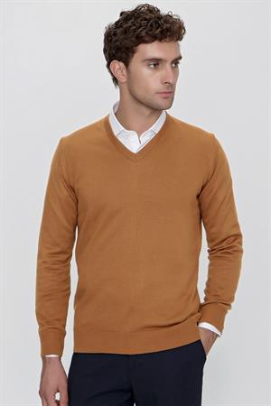 Camel Basic Dinamik Fit Rahat Kesim V Yaka Triko Kazak